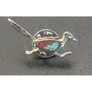 Roadrunner Turquoise Coral Inlay Tie Tack Lapel Pin Southwestern Nickel Silver
